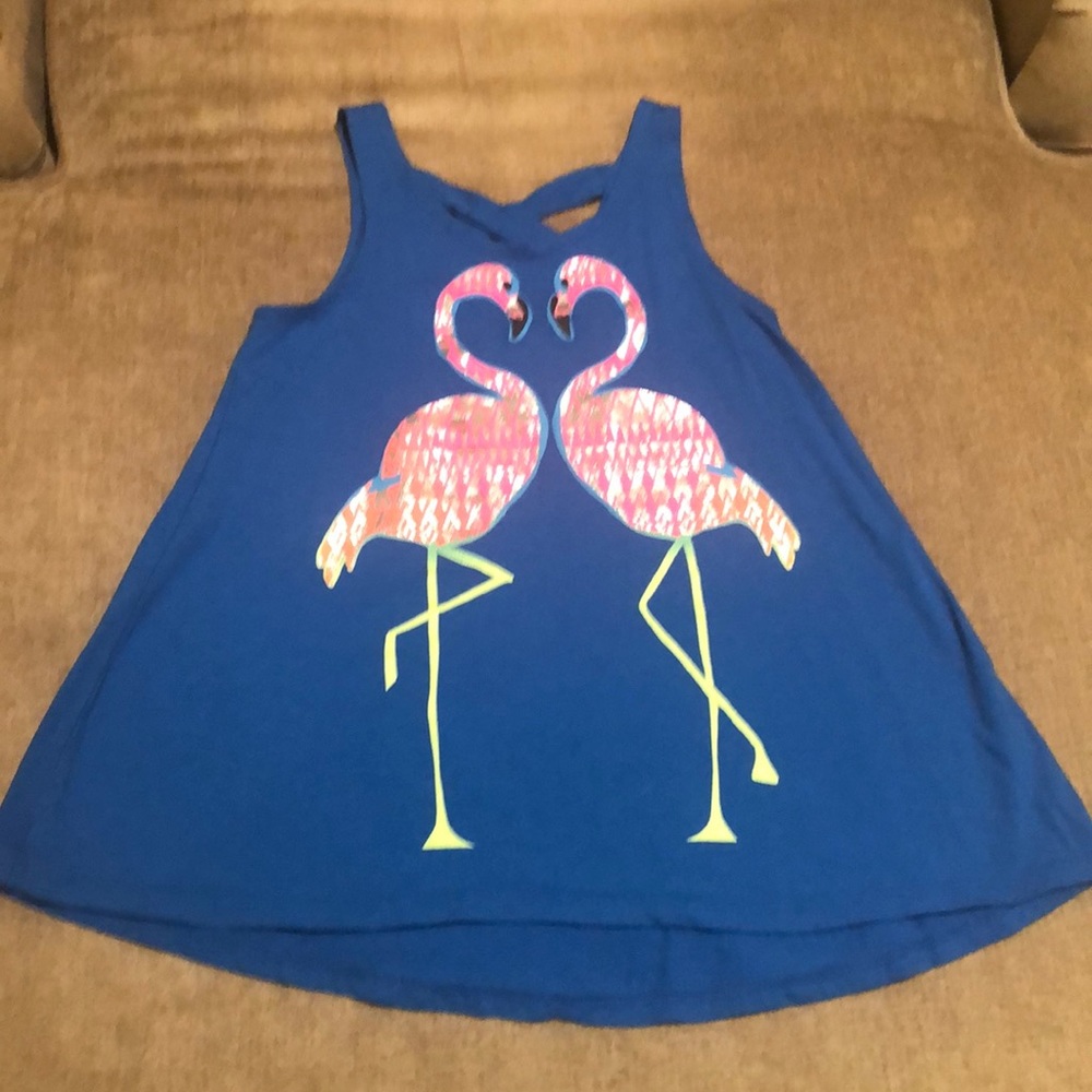 🦩 girls Sz S(7/8) blue tank top w/flamingos on it